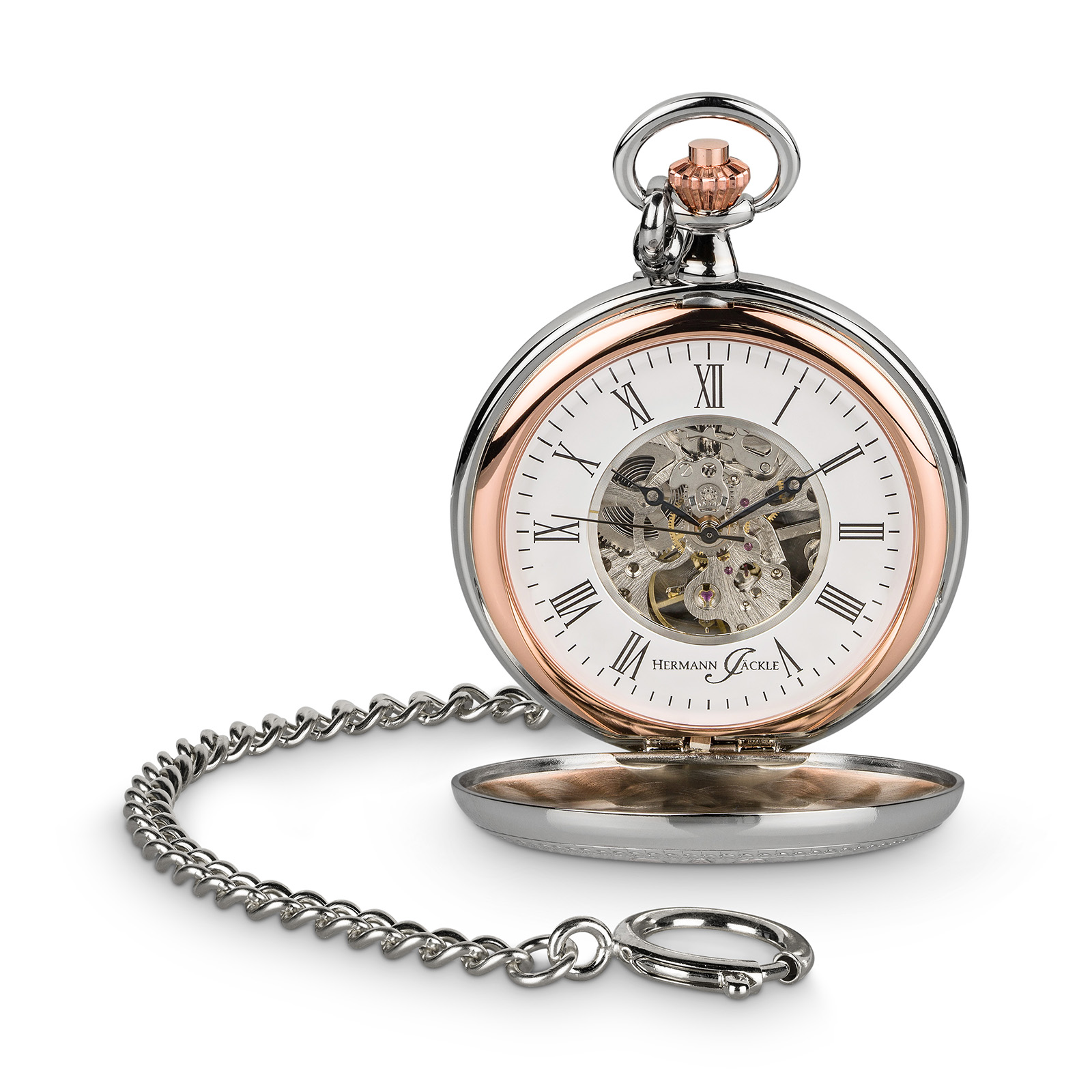 Hermann Jäckle Lindau Skelett Taschenuhr Handaufzug Mineralglas Kette Reiseetui 50 mm