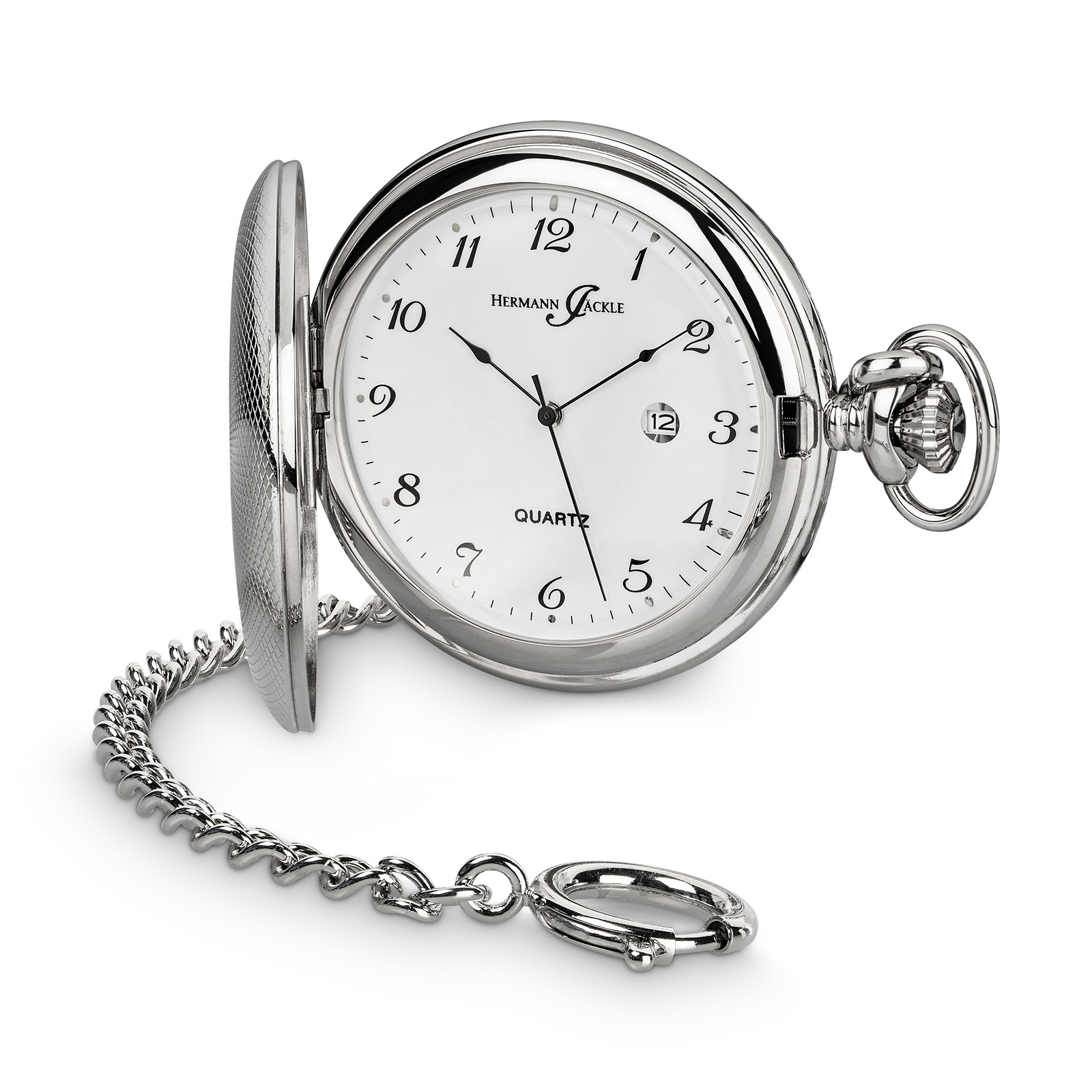 Hermann Jäckle Tübingen Quarz Taschenuhr Datum Kette Reiseetui 50 mm