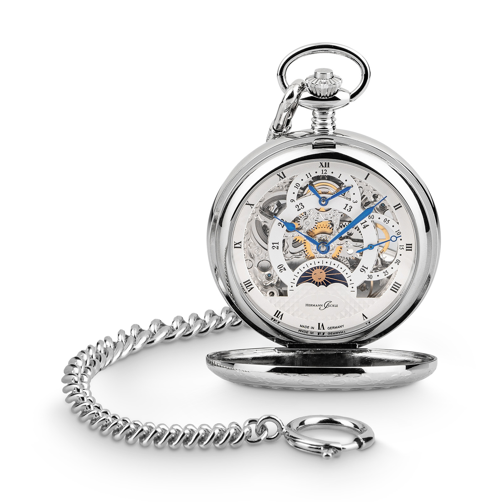 Hermann Jäckle Calw Skelett Taschenuhr Handaufzug Mineralglas mit Kette & Reiseetui