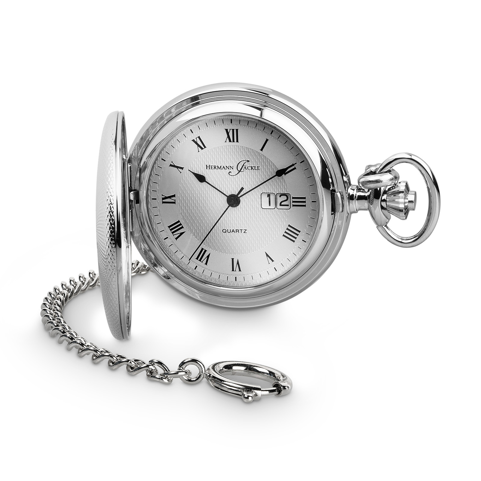 Hermann Jäckle Koblenz II BigDate Quarz Taschenuhr Kette Reiseetui