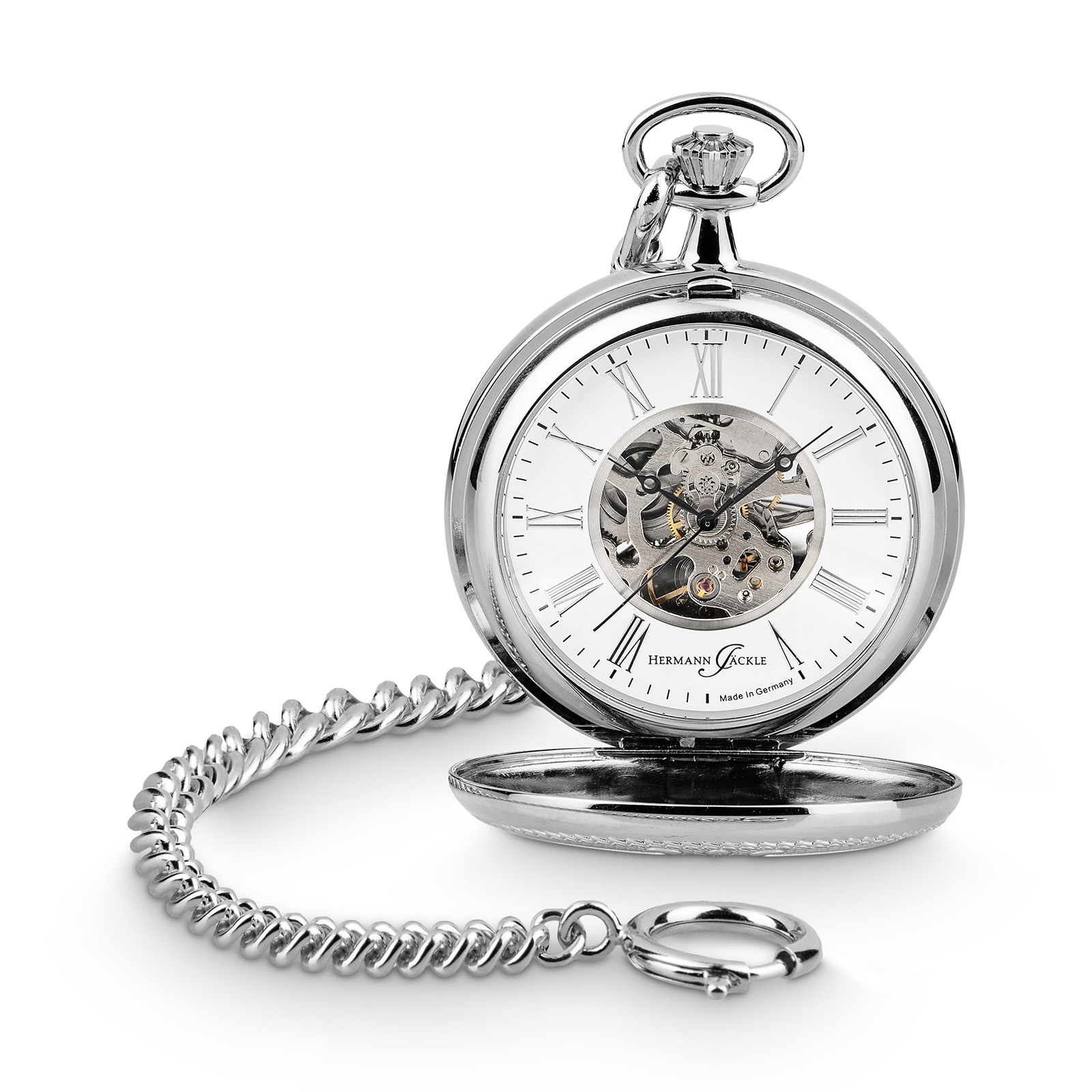 Hermann Jäckle Wien Skelett Taschenuhr Handaufzug Mineralglas Kette Reiseetui 50 mm