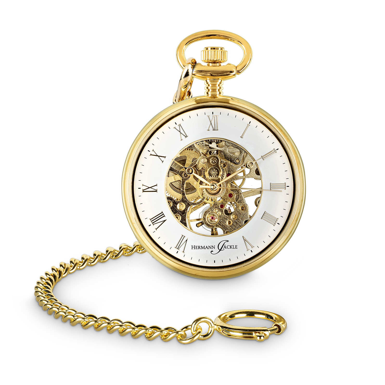 Hermann Jäckle Limburg Vergoldet Skelett Taschenuhr Handaufzug Kette Reiseetui 41 mm