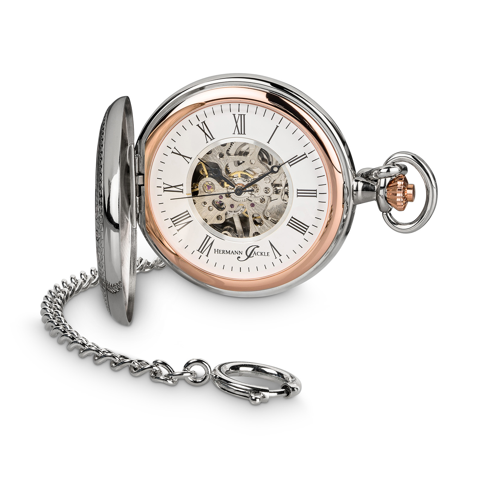 Hermann Jäckle Lindau II Skelett Taschenuhr Handaufzug Mineralglas Kette Reiseetui 50 mm