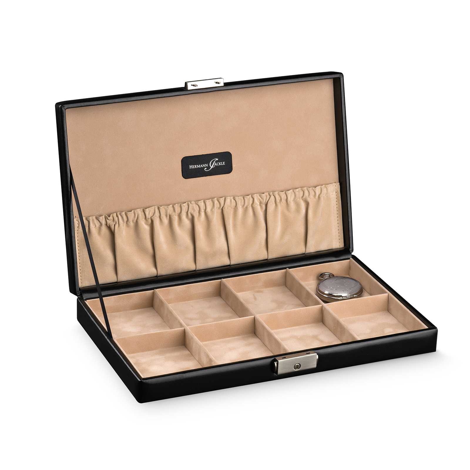 Hermann Jäckle Schiltach 8 Taschenuhren Sammler Box schwarz offen mit Musteruhr